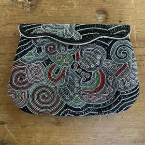 Vintage Hand Beaded Clutch Purse Black Fully Lined Hinged Closure